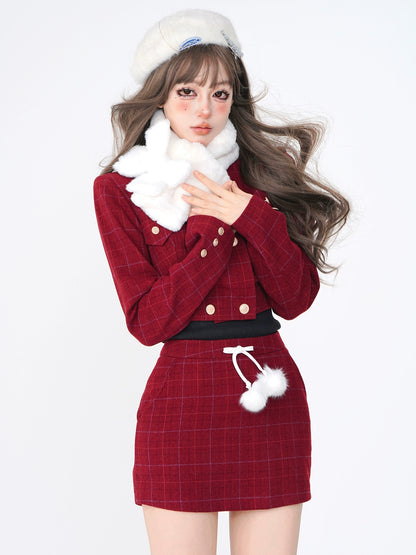 Red Check Fragrance Short Jacket + Skirt