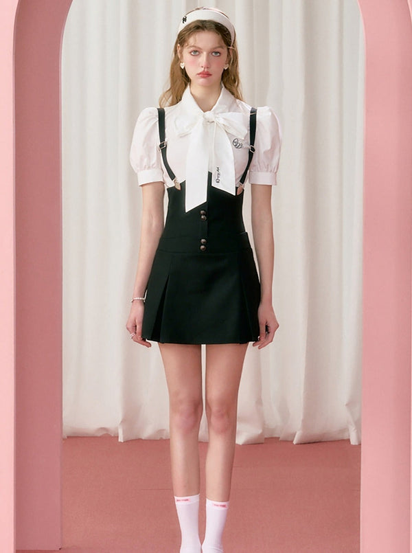 French White Bow Shirt Running Sleeve + High waist Susus skirt setup