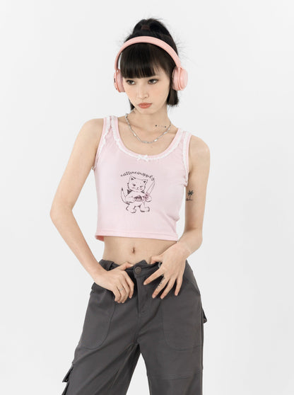 Pink lace cat illustration camisole