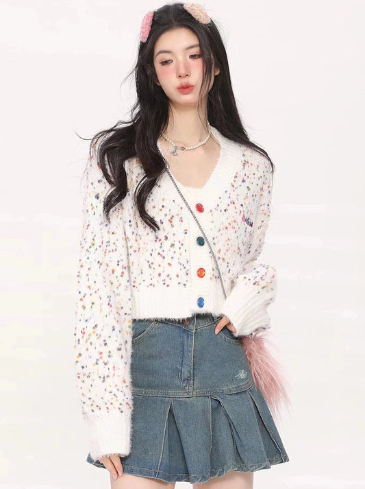 AONW national tide homemade trendy brand short hot girl wind top dot color sweater cardigan loose v-neck knitted jacket