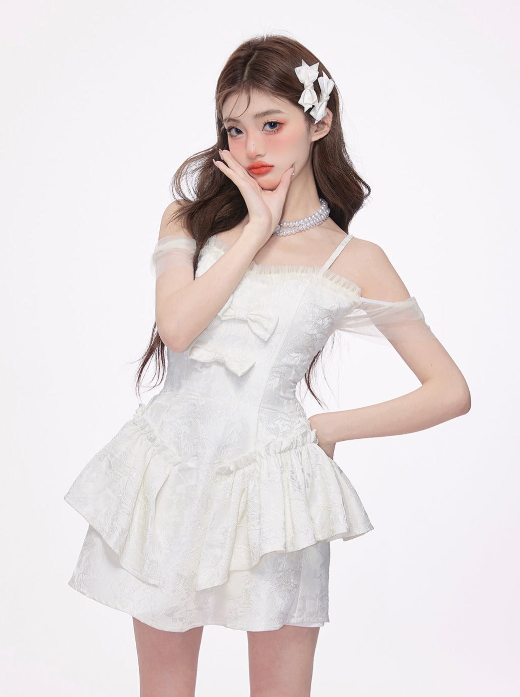 Romantic White Double Ribbon Suite Dress