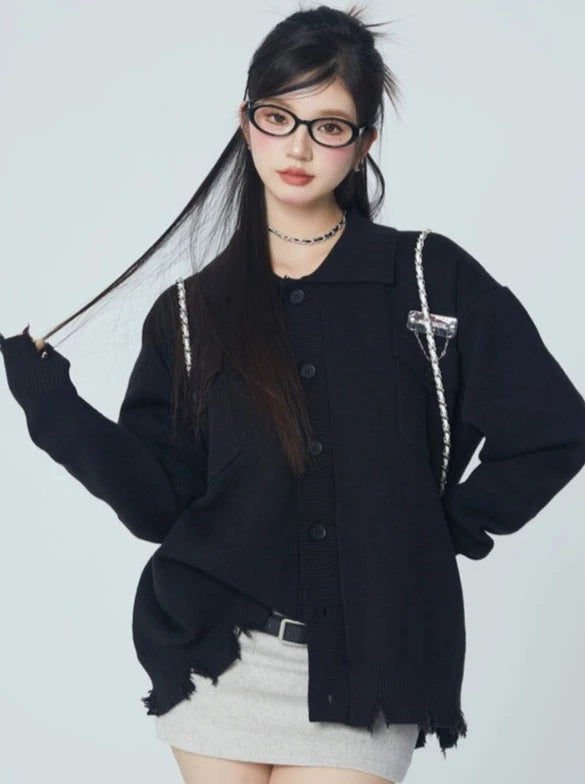 Black Damage Over-Knit Cardigan