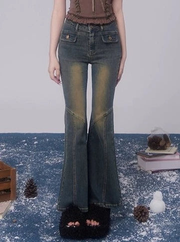 Drawing WAHJU Skinny Leg Code Retro Washed Bootcut Jeans Women's American High-Waisted Slim Flared Pants