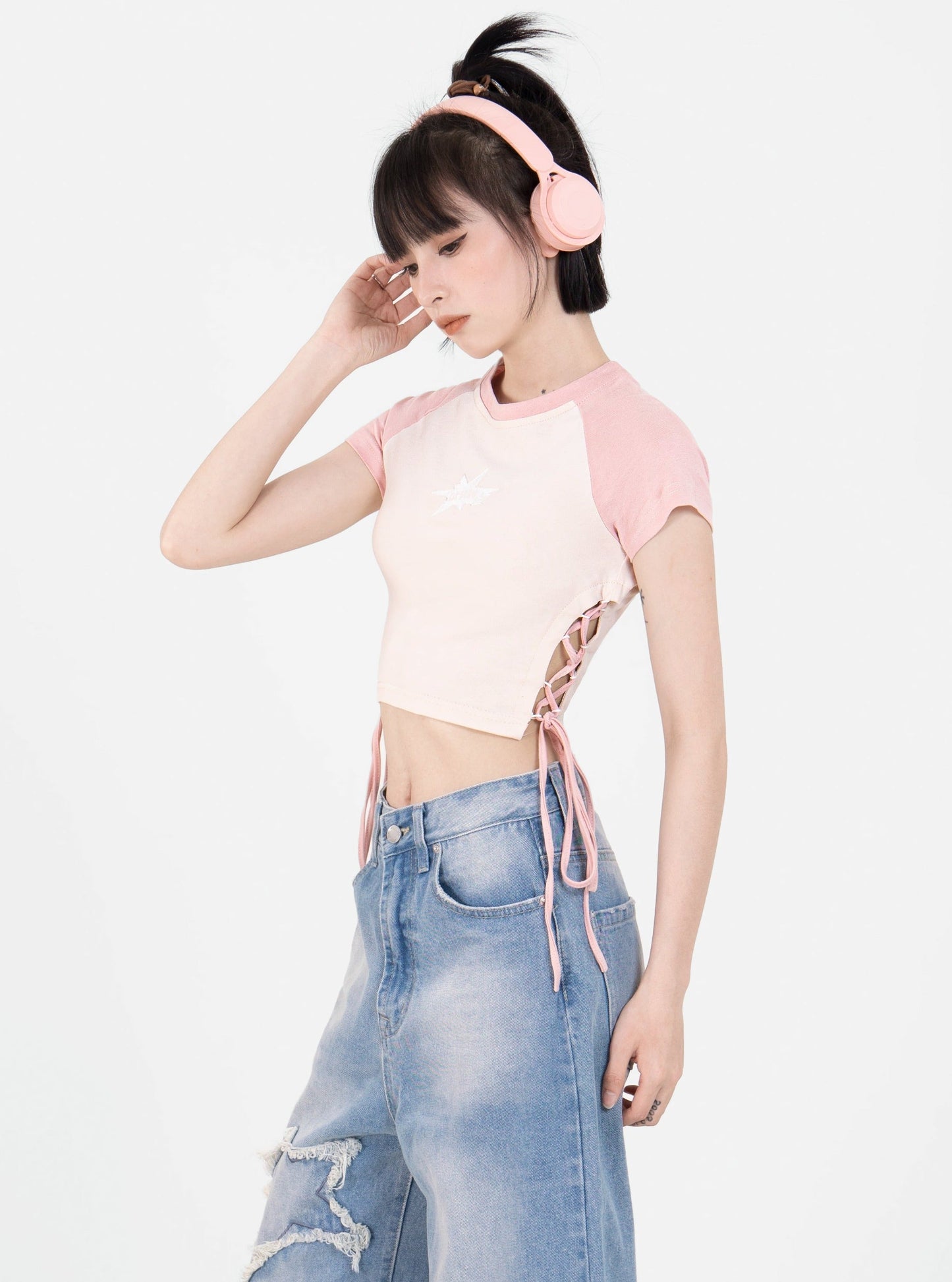 Side Lace Up Suite T -shirt + Street Star Wide Denim