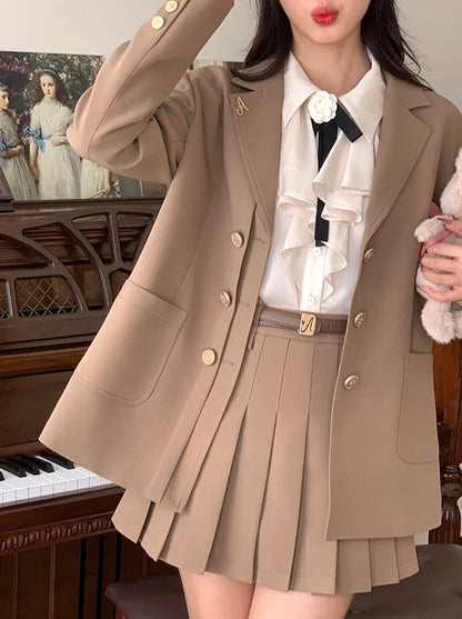 Double button jacket pleated skirt setup