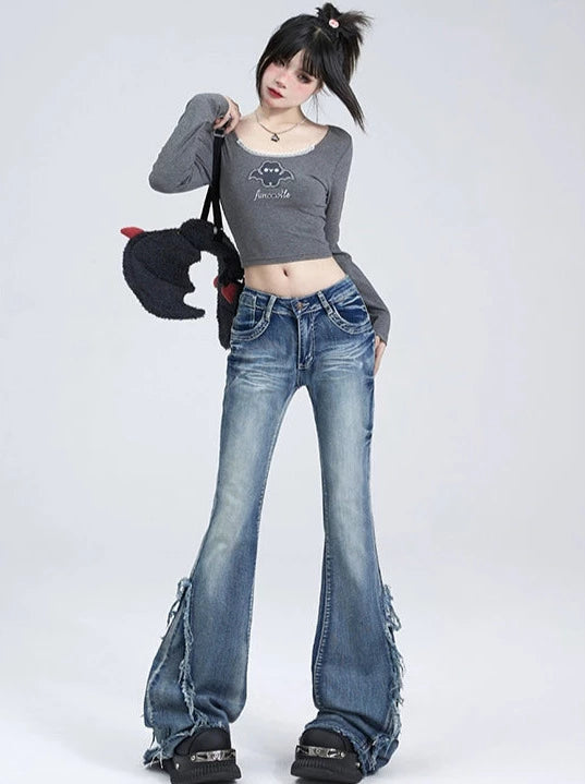 Retro-washed raw-edge mop long jeans