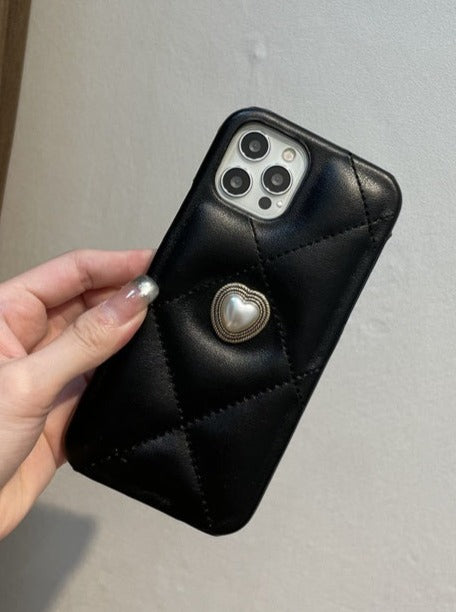 Étui en cuir pour téléphone portable avec cœur en forme de perle