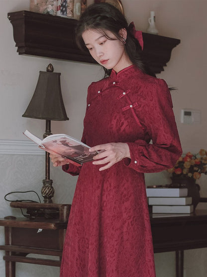 wine red cheongsam dress