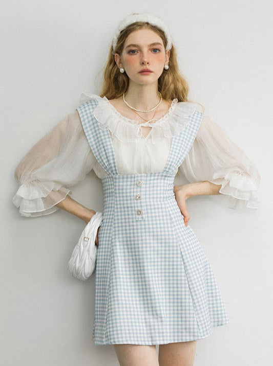 Blue Gingham Susus Kart x Pure White Blouse