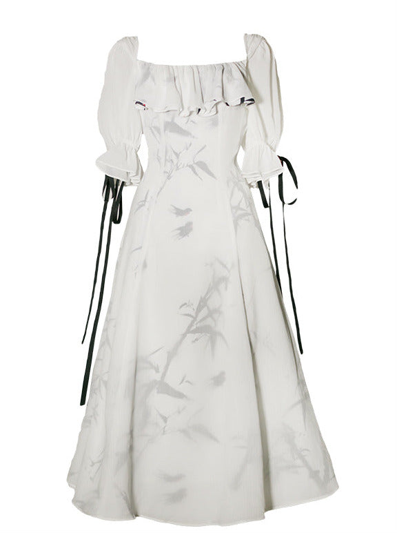 China Shadow Bamboo Puff Ribbon Sleeve Layered Elegant Dress 