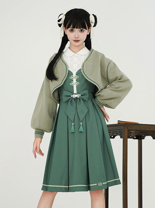 China setup knit cardigan + frilled shirt + ribbon shoulder tassel dress