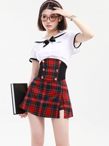 Ribbon tops + high waist skirts + check skirts