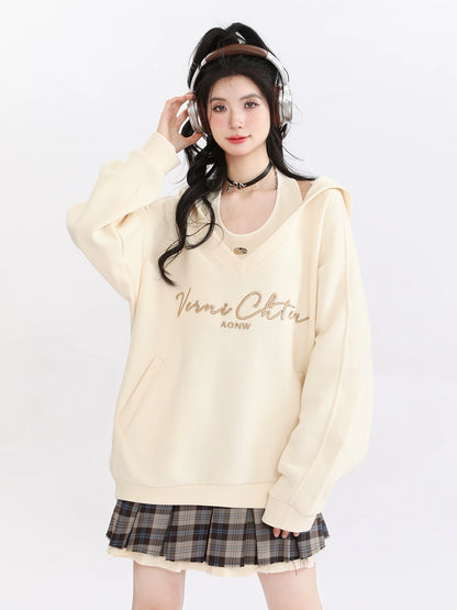 American Retro Sweatshirt Hooded Loose Oversized Two Piece Set