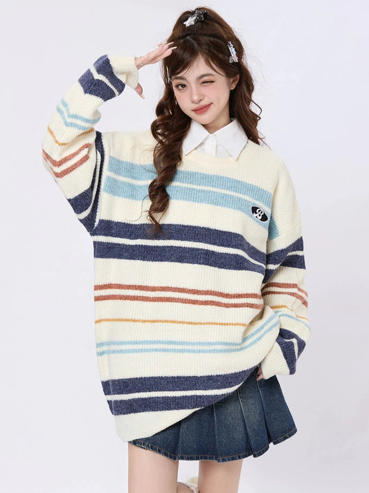 ENJOG American colorful striped crewneck sweater women's autumn and winter versatile niche casual oversize oversize top