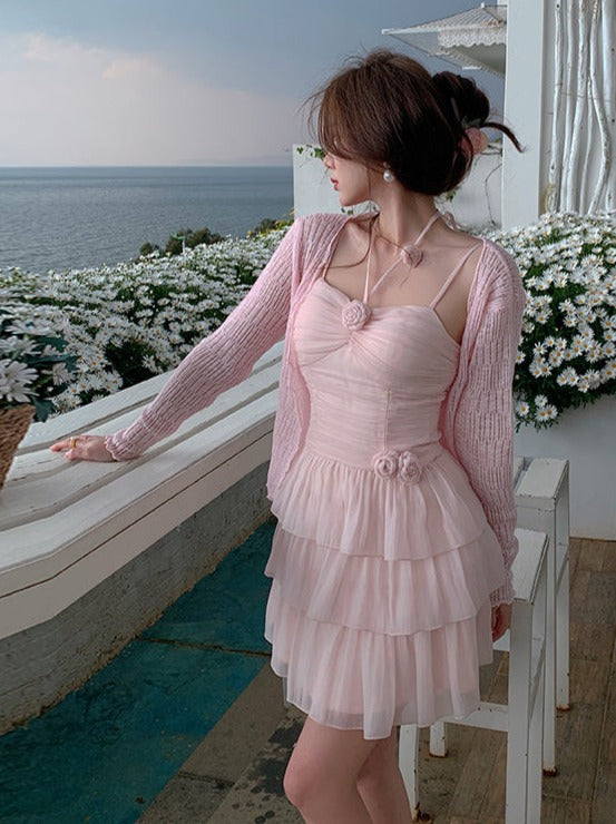 Sheer Lace Cardigan + Pink Rose Halter Neck Tiered Suspender Dress Belchic Sheer Lace Cardigan + Pink Rose Halter Neck Tiered Suspender Dress Belchic