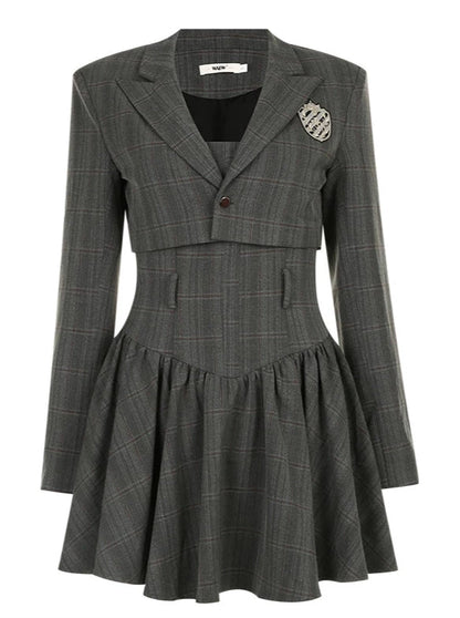 College Style Classic Gray Check Short Jacket + Dress