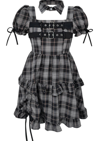 Mode Belt Check Puff Sleeve Dress