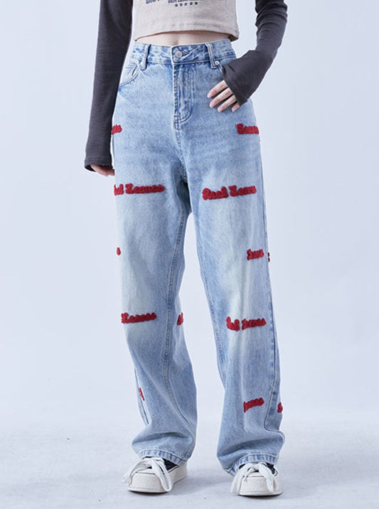 Washed straight casual denim pants