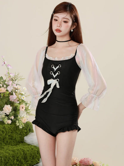 Race Up Sheer Sleeve All -in Swimsuit
