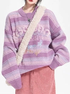 Purple Loose Retro Design Embroidery Stripe Knit Sweater