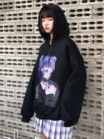 Punk Girl Print Oversized Hoodie