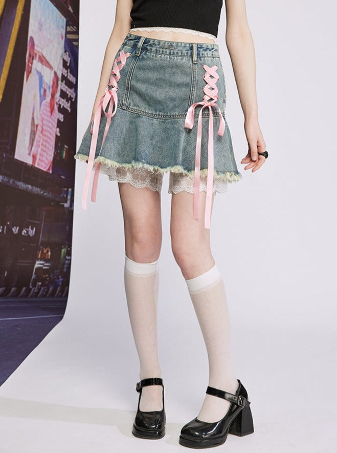 Lace -up design frilly denim skirt