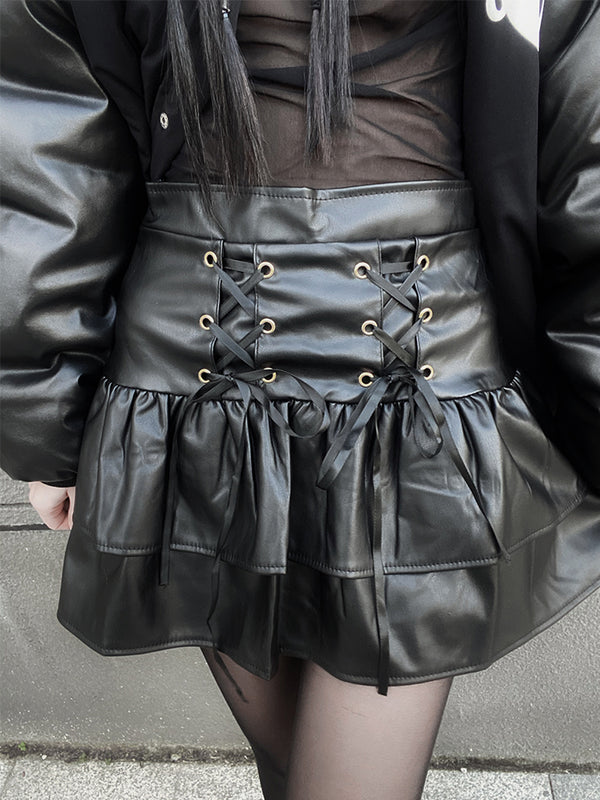 lace-up leather tiered skirt