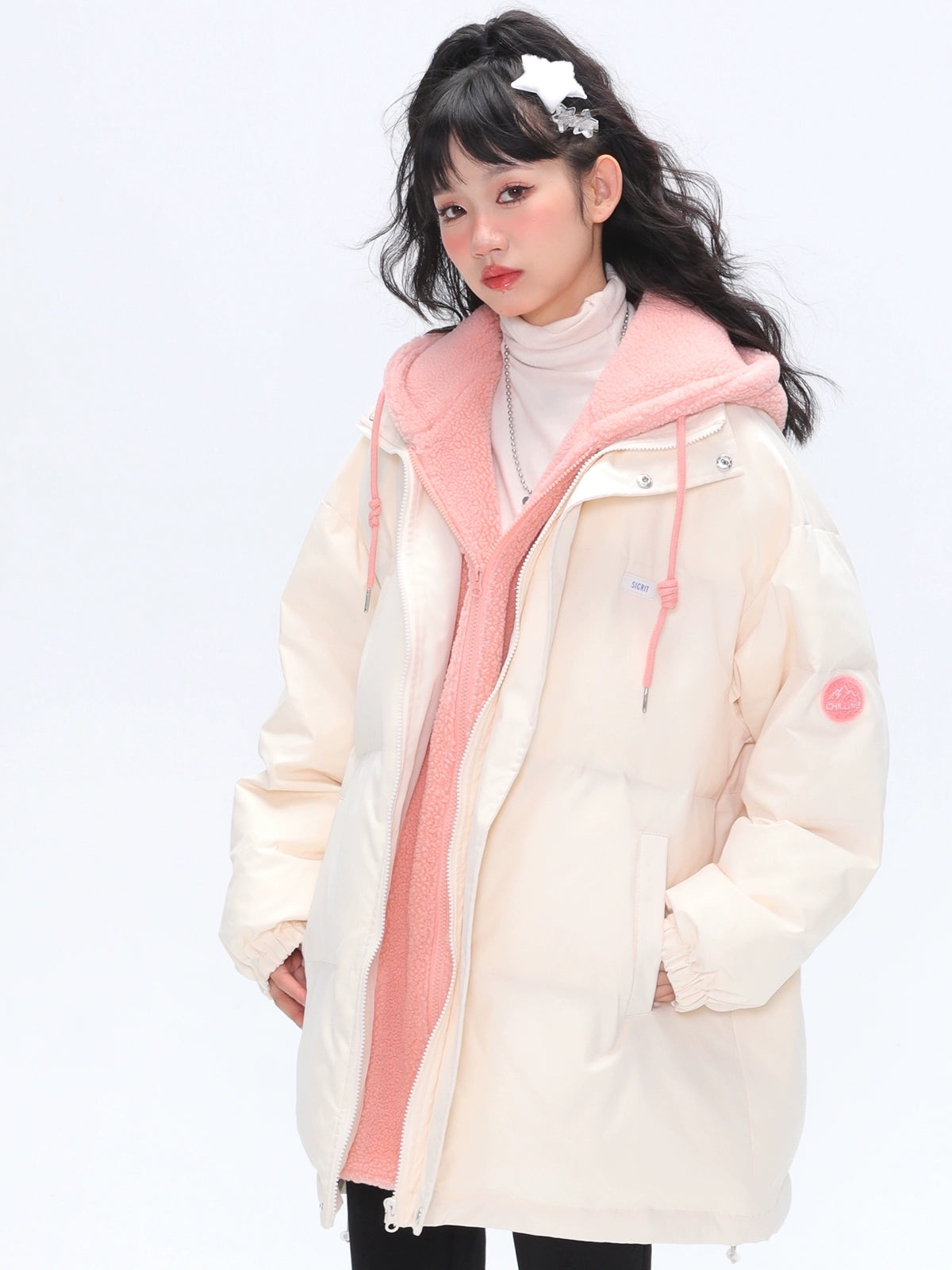 Faux Two Piece Hoodie Cotton Padded Loose Coat