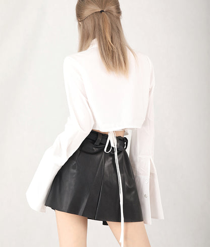 Long sleeve pleated tuck cropped shirt + leather skirt