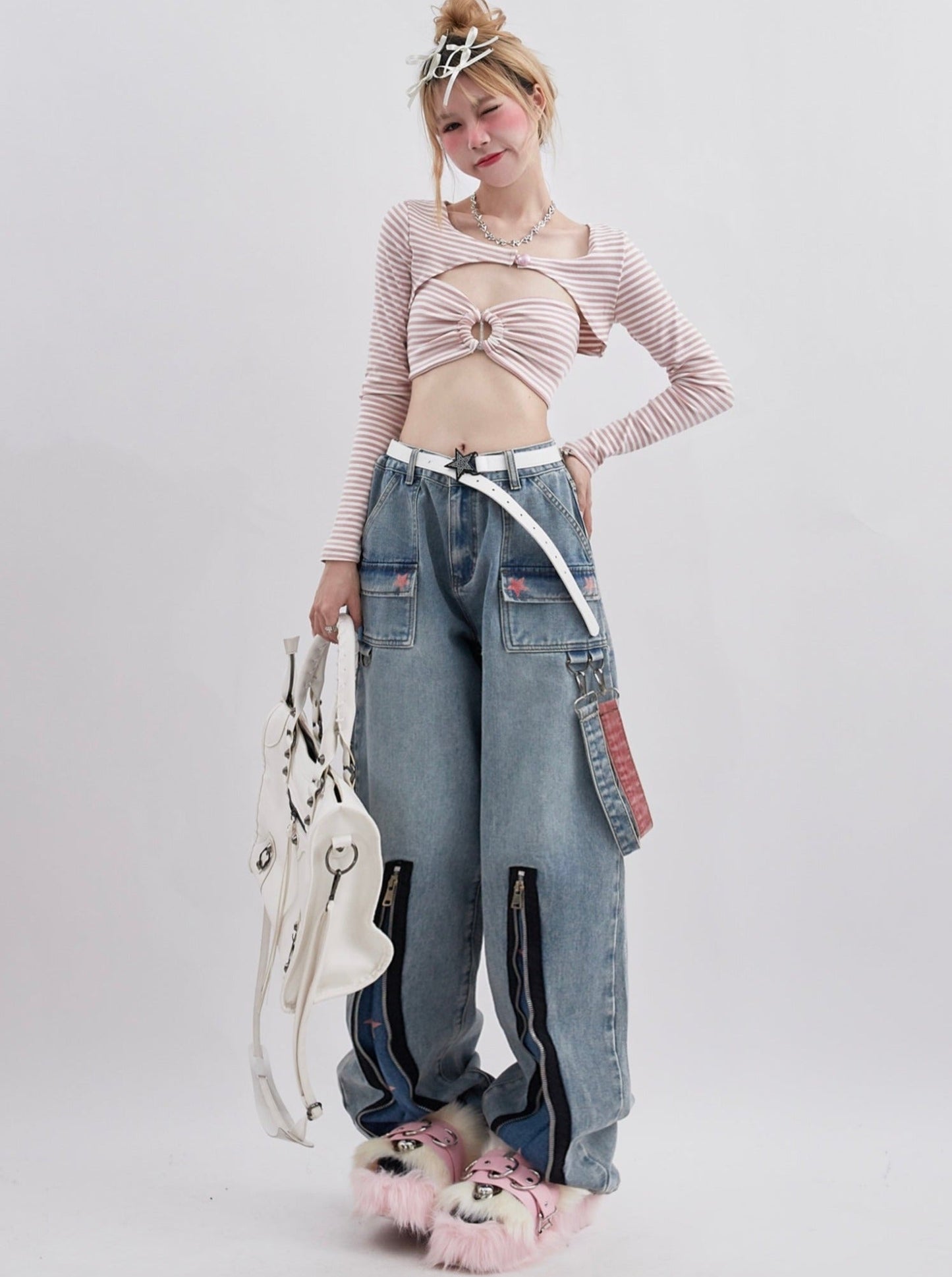 Denim zip -up loose straight casual pants