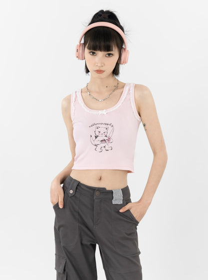 Pink lace cat illustration camisole