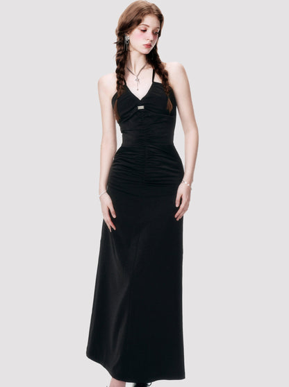 Amboire Black Satin Cross Hanging Neck Strap Dress