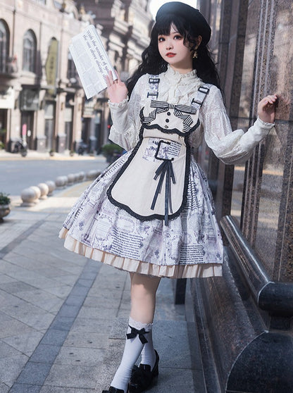 Retro Doll Apron Printed Suspender Skirt Dress