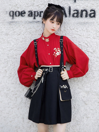 China volume sleeve shirt + chain strap embroidered sass skirt
