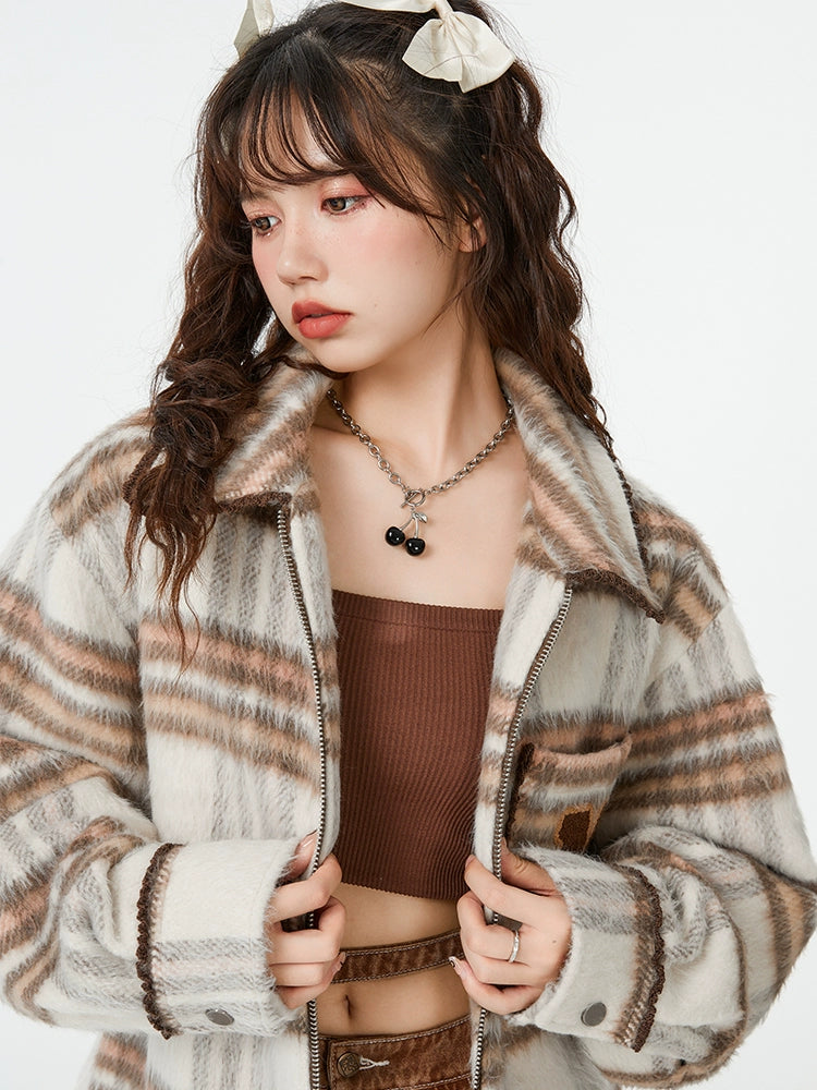 Brown Check Retro College Style Jacket