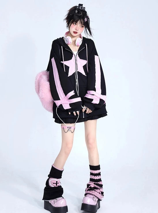 Pink Black Oversized Cardigan Hoodie Jacket