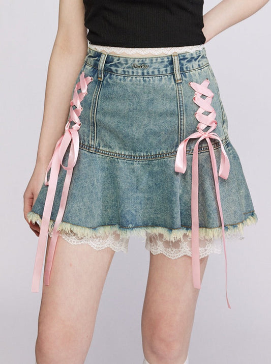 Lace -up design frilly denim skirt