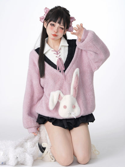 Rabbit Pink Polo Collar Faux Two Piece Loose Fur Sweatshirt Sweatshirt