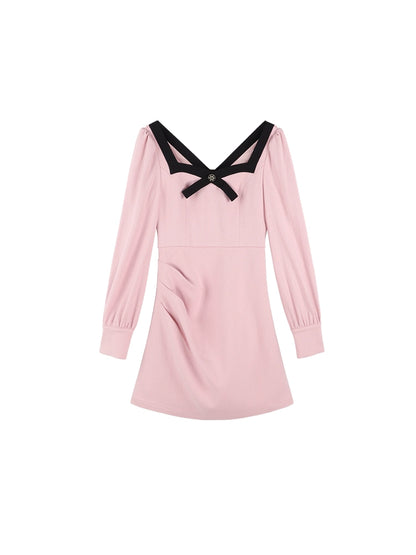 French Square Collar Pink Waist Bow Dress