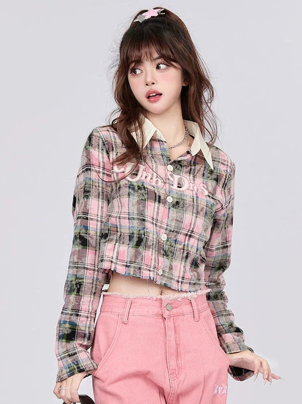 American Retro Check Shirt Slim Short Top