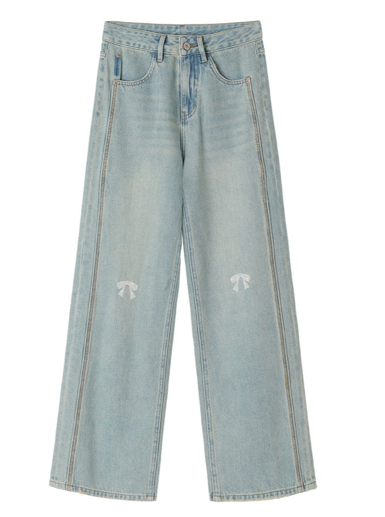 Pointed ribbon design loose denim pants