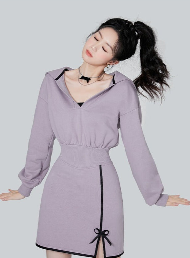 Purple food V neck casual dress