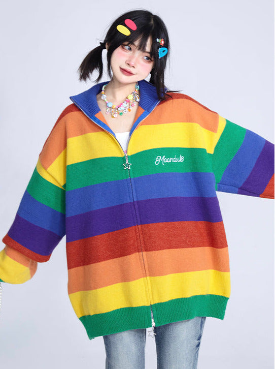 Rainbow Stripe Barbie Girl Knit Zip Cardigan