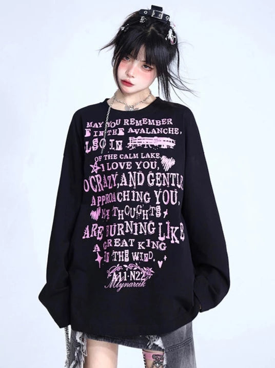 Black Letter Print Loose Long T