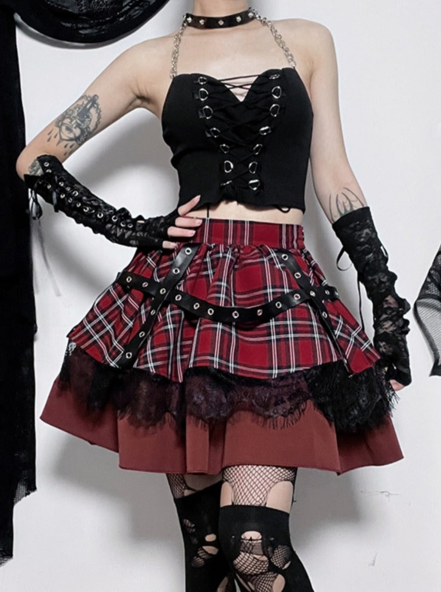 High waist corset ribbon check skirt – Belchic