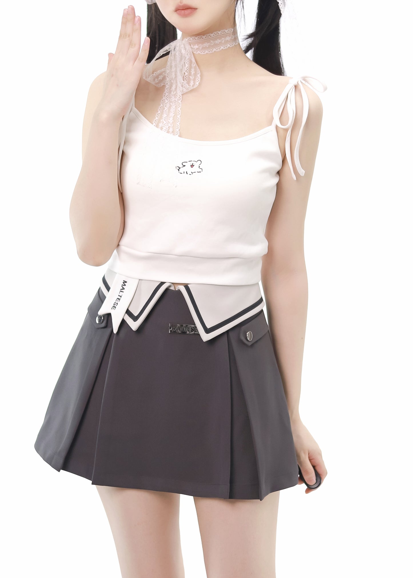 Line Flange Collar Waist Box Pleated Skirt