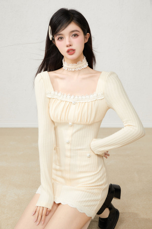 Square color lace pearl ribtite dress