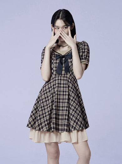 Check Ribbon Sailor Layered Dress