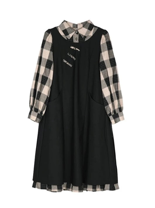 Lantern Sleeveless Lapel Check Dress