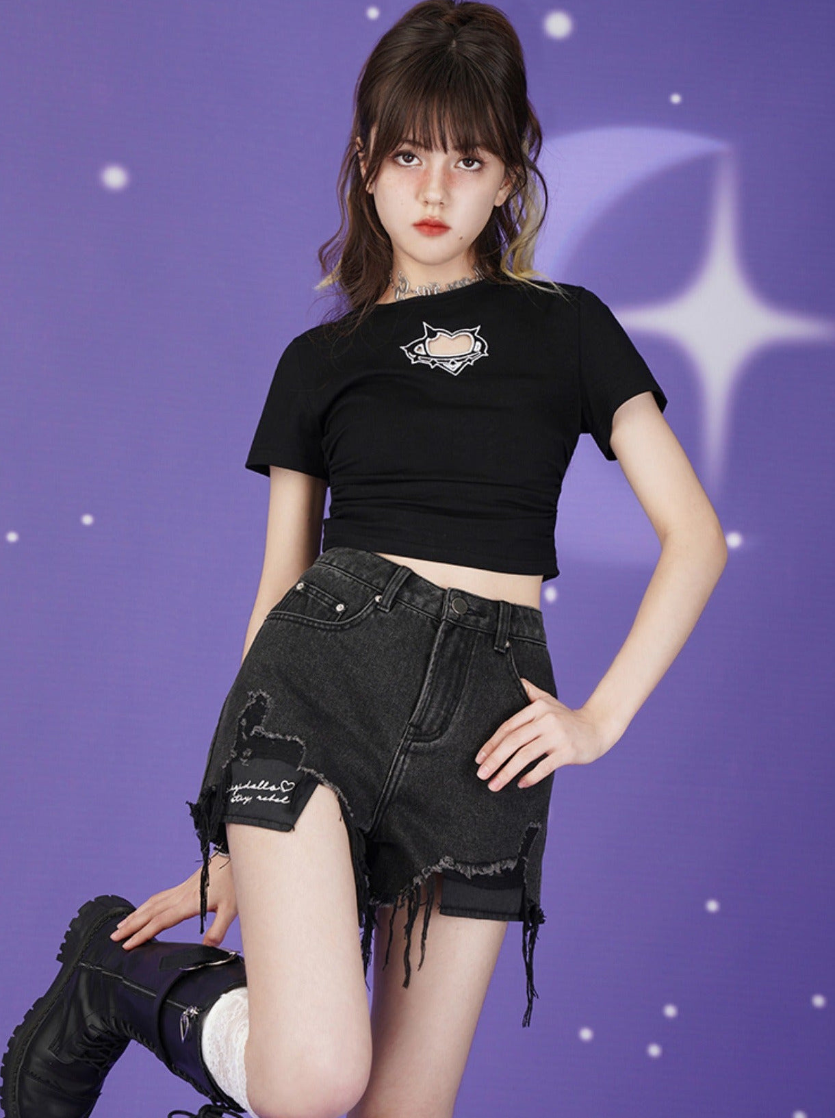 Letter Logo Heart Crush Black Denim Shorts